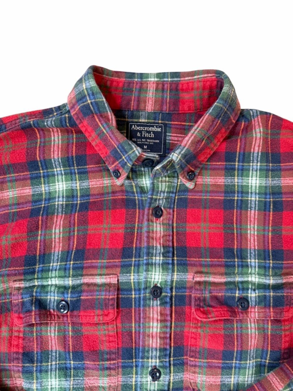 Abercrombie & Fitch Men’s Red and Green Plaid Button-Down Flannel Shirt - Picture 3 of 5